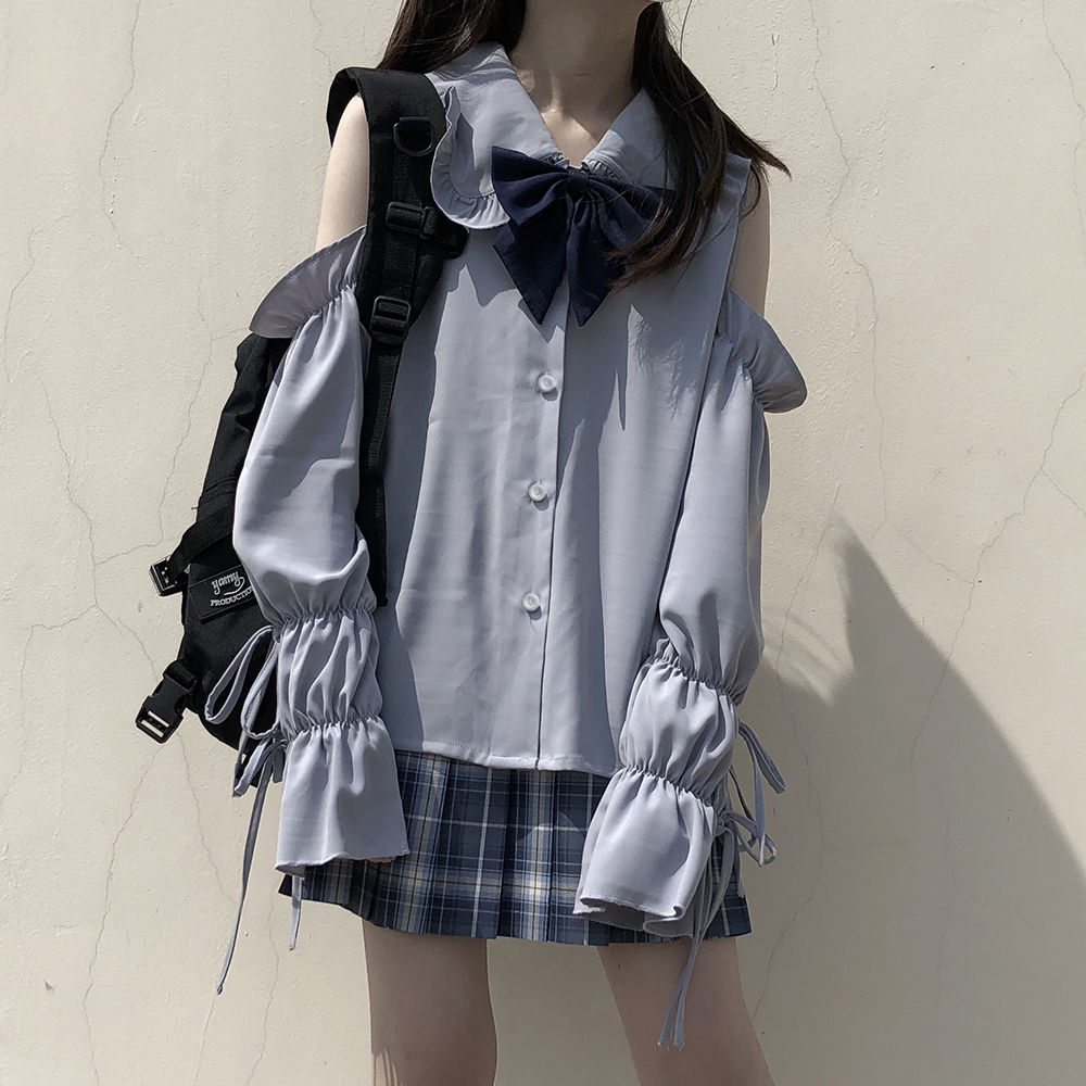 Blue Peterpan Collar Bow Lantern Long Sleeve Shirt