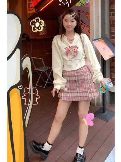 Kawaii Animal Print Cropped Sweatshirt