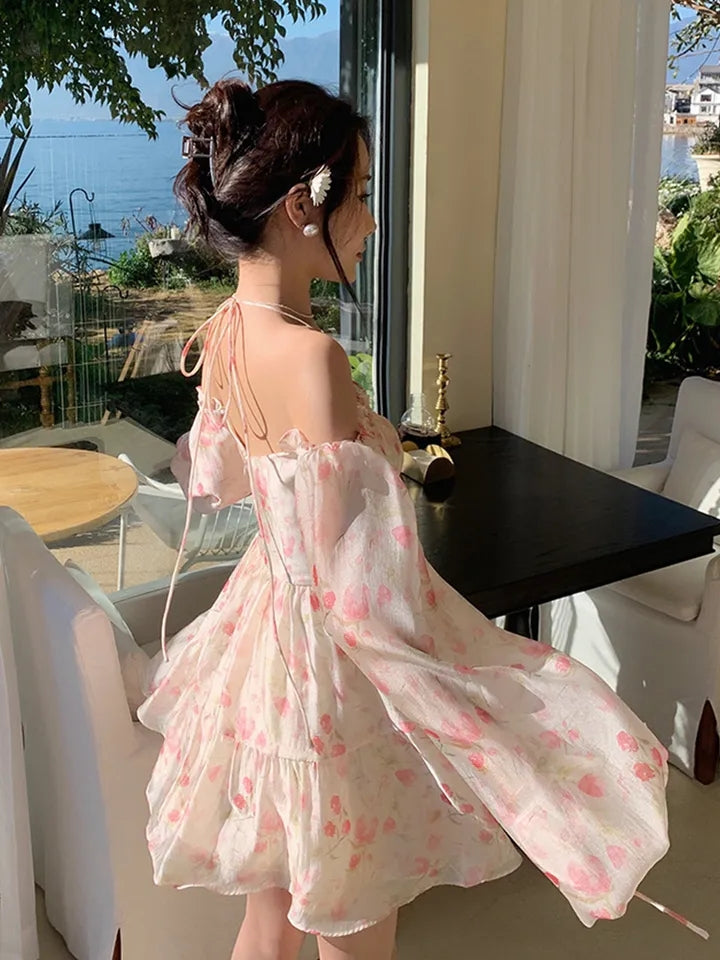 Rose Watercolor Off Shoulder Puff Sleeve Dress