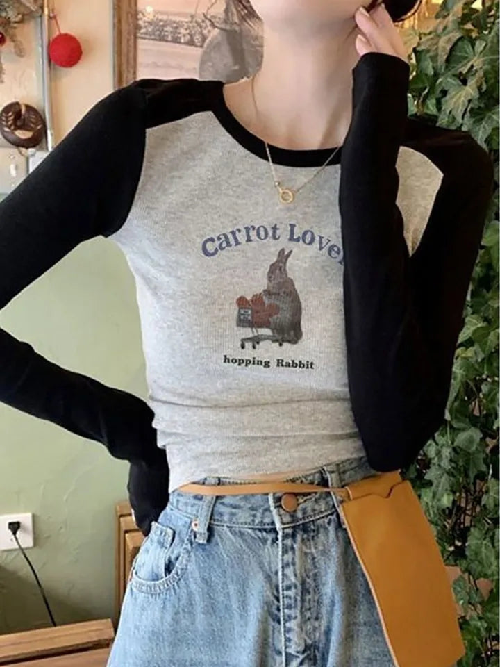 Rabbit Graphic Print Patchwork Long Sleeve Shirt