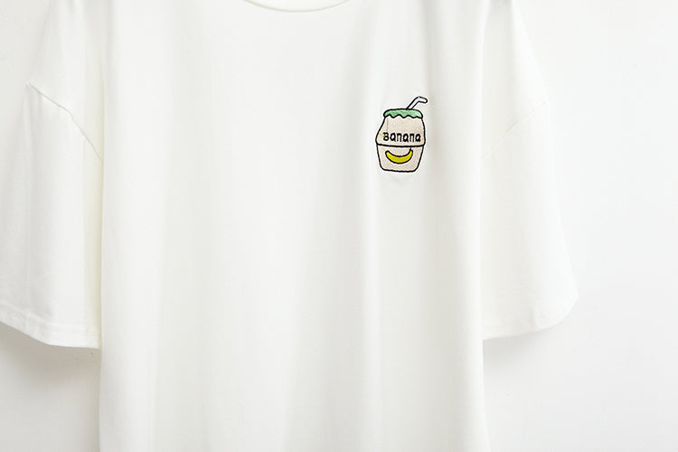 Cute Summer Banana Milk Drink Embroidery Yellow White Casual Short Sleeve Tee Shirt T-shirt Top E-Girl Kawaii Korean Japanese Harajuku Streetwear