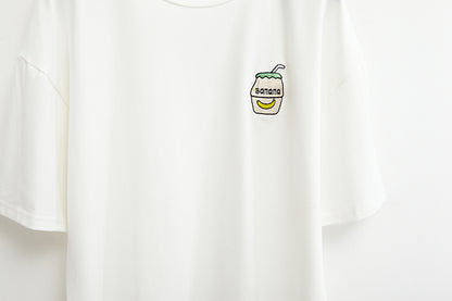 Cute Summer Banana Milk Drink Embroidery Yellow White Casual Short Sleeve Tee Shirt T-shirt Top E-Girl Kawaii Korean Japanese Harajuku Streetwear