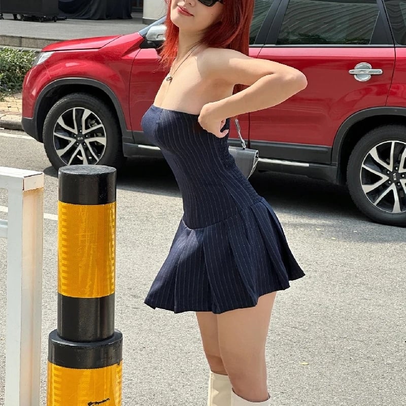 Striped A-Line Pleated Dress