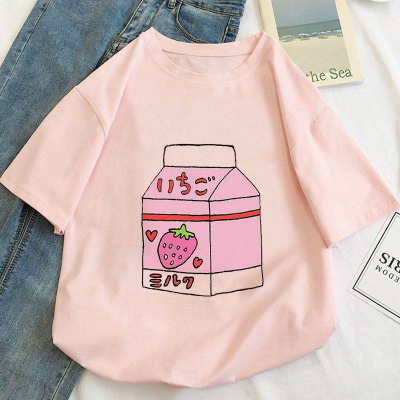Cute Pink Peach Milk Carton Box Graphic Cartoon Print Loose Short Sleeve Short T-shirt Top Casual E-Girl Kawaii Korean Japanese Harajuku Streetwear