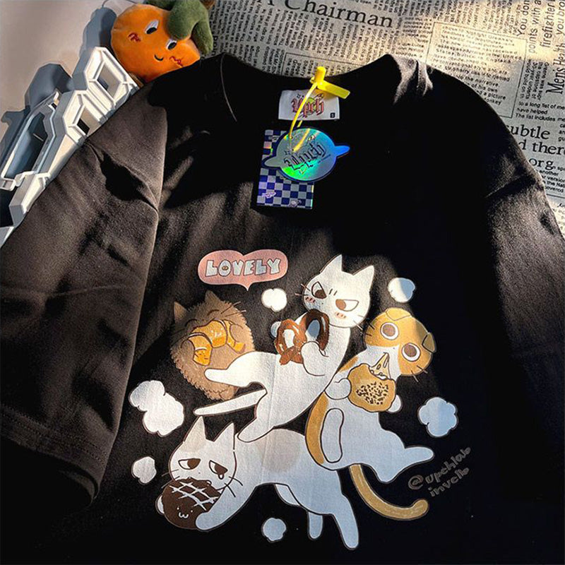 Cat Cartoon Print Short Sleeve T-shirt