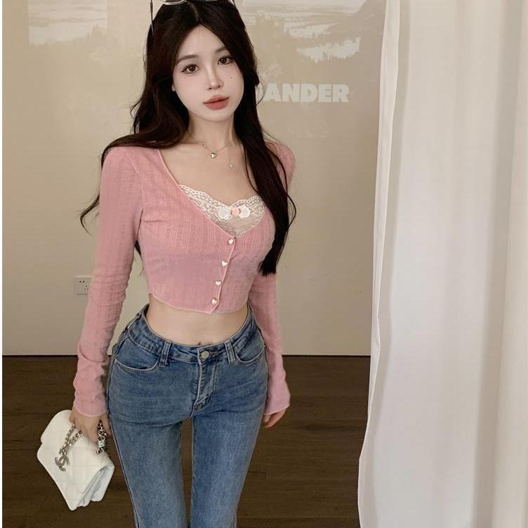Heart Button Lace Knit Long Sleeve Shirt