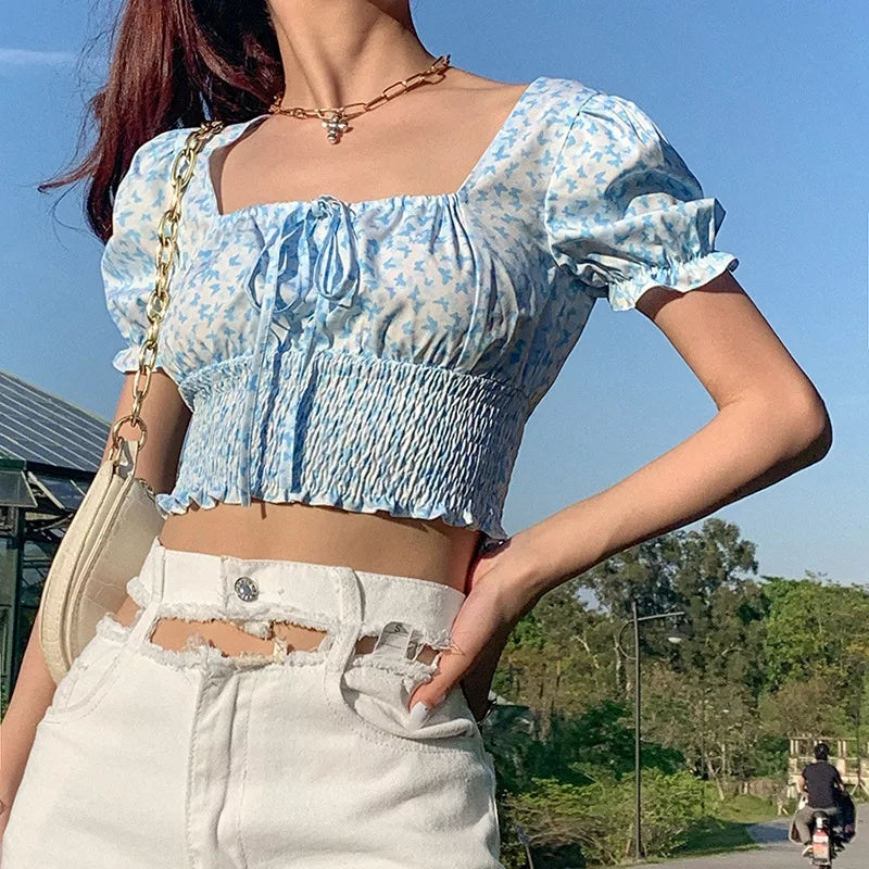 Cute Floral Butterfly Puff Tie Up Crop Top Short Sleeve Shirt Tee T-shirt Kawaii Korean Japanese Harajuku Chinese Retro Streetwear Aesthetic Fashion