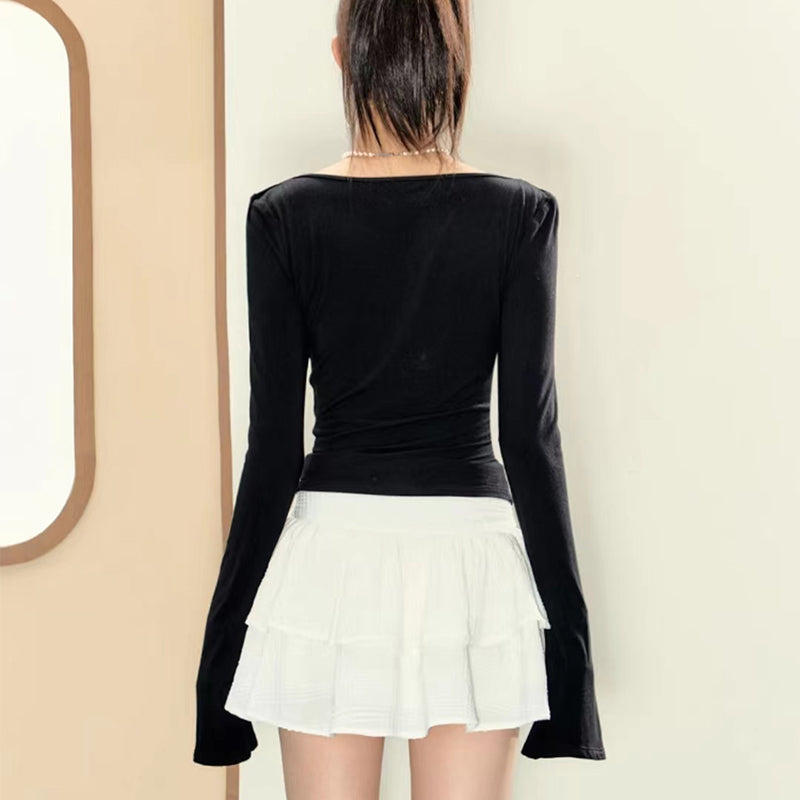 2PCS Long Sleeve Square Collar Top + Mini Tierred Ruffle Skirt