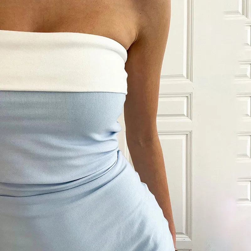 Blue & White Patchwork Strapless Dress