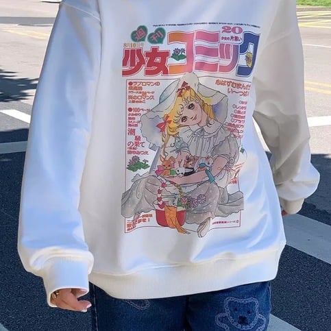White Vintage Anime Girl Cartoon Print Graphic Long Sleeve Sweatshirt Sweater Pullover Jumper Causal E-Girl Kawaii Korean Japanese Harajuku Streetwear