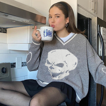Skull Knit Oversized Loose Sweater Sweatshirt Long Sleeve Pullover Goth Punk Autumn Fall E-Girl Kawaii Korean Japanese Harajuku Streetwear