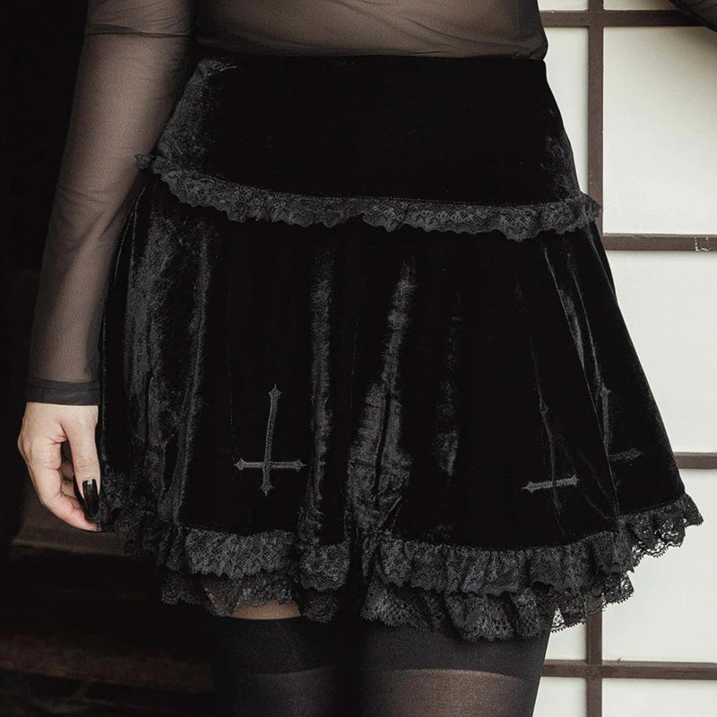Cute Sexy Goth Black Cross Skirt Vintage Lace Trim A-Line Grunge Punk High Waist Ruffle Summer E-Girl Kawaii Korean Japanese Harajuku Streetwear