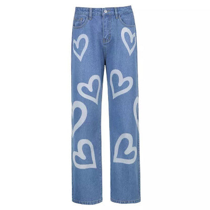 Cute 90s Vintage Heart Print Baggy Mom Jeans Denim High Waisted Trousers Pant Aesthetic Summer Party E-Girl Kawaii Korean Japanese Harajuku Streetwear