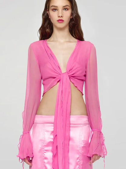 Pink Chiffon Bow Tie Flare Long Sleeve Blouse