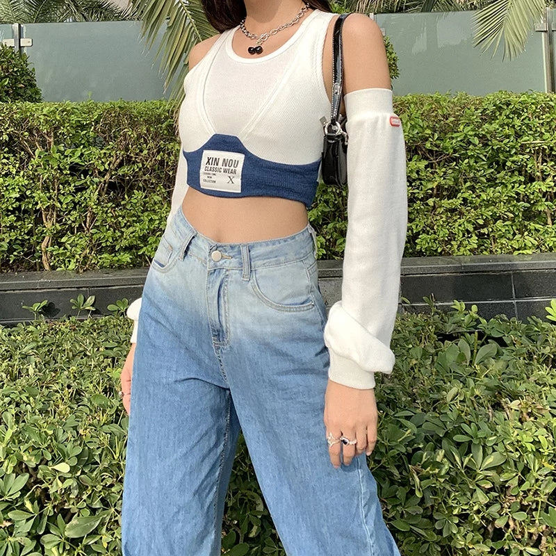 Cute Patchwork Letter Label T-shirt Separate Sleeve Crop Top Bodycon Streetwear Summer Aesthetic Casual E-Girl Kawaii Korean Japanese Harajuku