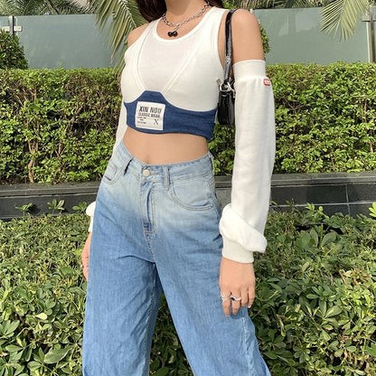 Cute Patchwork Letter Label T-shirt Separate Sleeve Crop Top Bodycon Streetwear Summer Aesthetic Casual E-Girl Kawaii Korean Japanese Harajuku