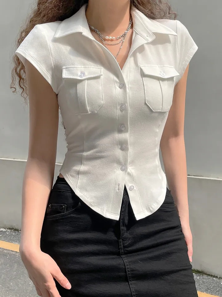 White Pocket Button Down Collar Short Sleeve Shirt