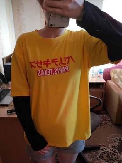 Cute Casual Yellow Vintage Letter Print Graphic T-shirt Long Sleeve Tee Shirt O-neck Pullover E-Girl Kawaii Korean Japanese Harajuku Retro Streetwear