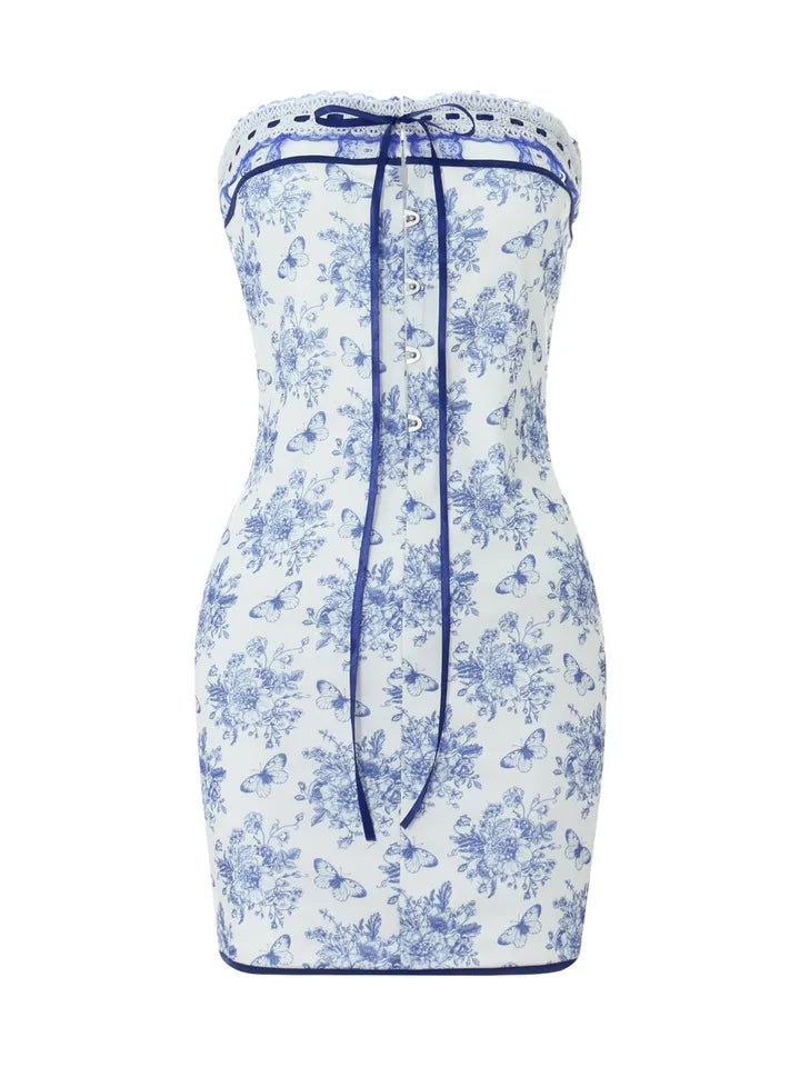 Blue Floral Tie Up Strapless Mini Dress