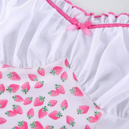 Cute Strawberry Milkmaid Patchwork Frill Ruched Mesh Crop Top Sleeveless Shirt Summer Aesthetic E-Girl Kawaii Korean Japanese Harajuku Streetwear