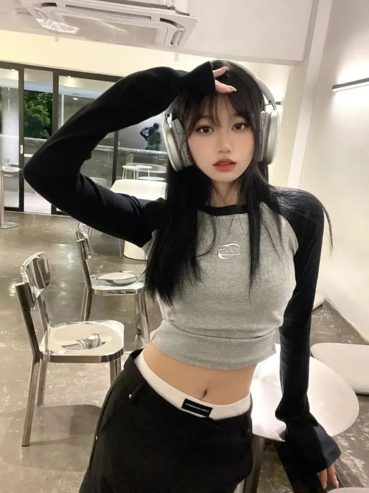 Black & Grey Patchwork Long Sleeve Crop Top