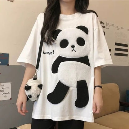 Cute Panda Bear Fleece Hungry Casual Summer Oversized Short Sleeve Tee Shirt T-shirt Top E-Girl Kawaii Korean Japanese Harajuku Streetwear