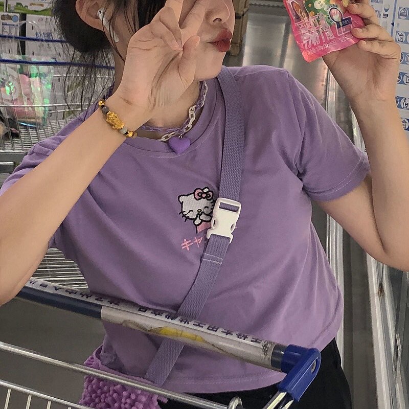 Cute Cat Kitten Embroidery Anime Cartoon Crop Top Short Sleeve Shirt T-shirt Top Summer Casual E-Girl Kawaii Korean Japanese Harajuku Streetwear
