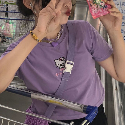 Cute Cat Kitten Embroidery Anime Cartoon Crop Top Short Sleeve Shirt T-shirt Top Summer Casual E-Girl Kawaii Korean Japanese Harajuku Streetwear