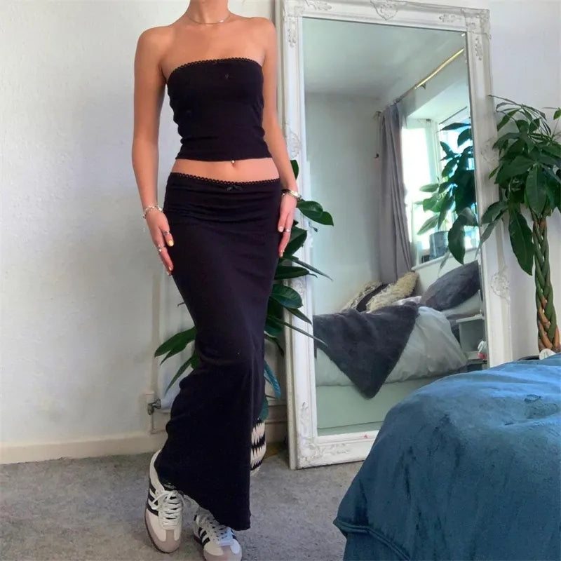 2PCS Black Tube Top + Maxi Skirt Set