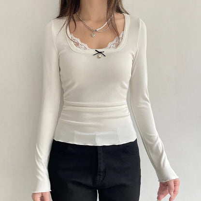 White Lace Bow Long Sleeve Crop Top