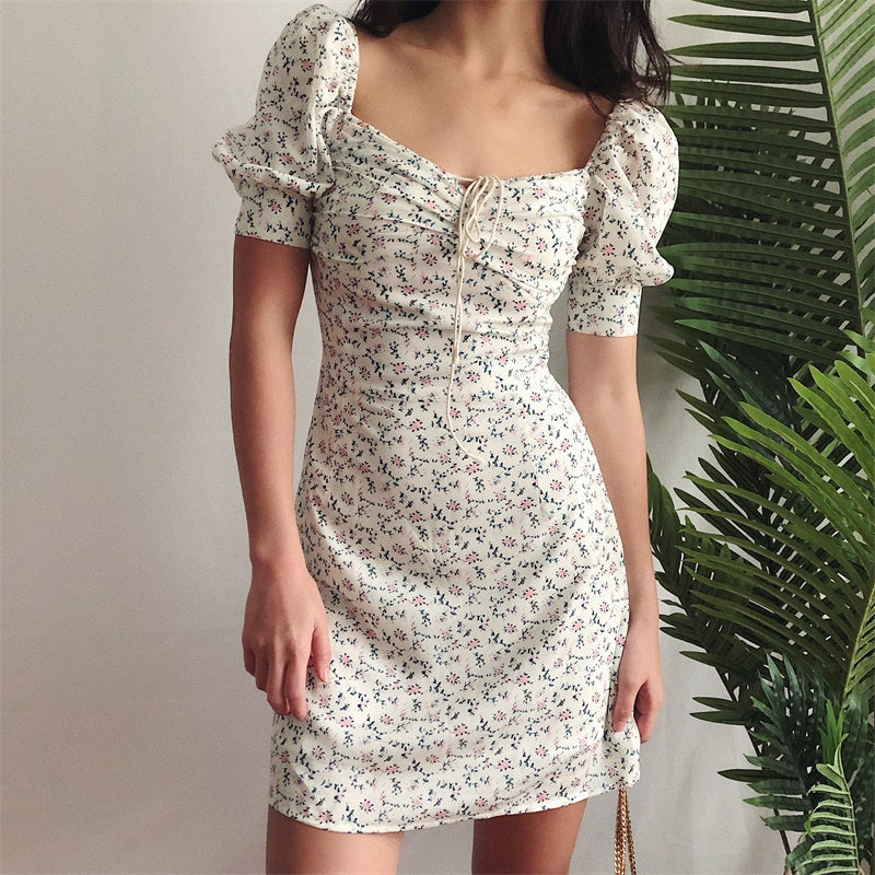 Cute Boho Tie Neck Floral Print Puff Sleeve Mini Dress Kawaii Korean Japanese Harajuku Chinese Retro Streetwear Aesthetic Fashion