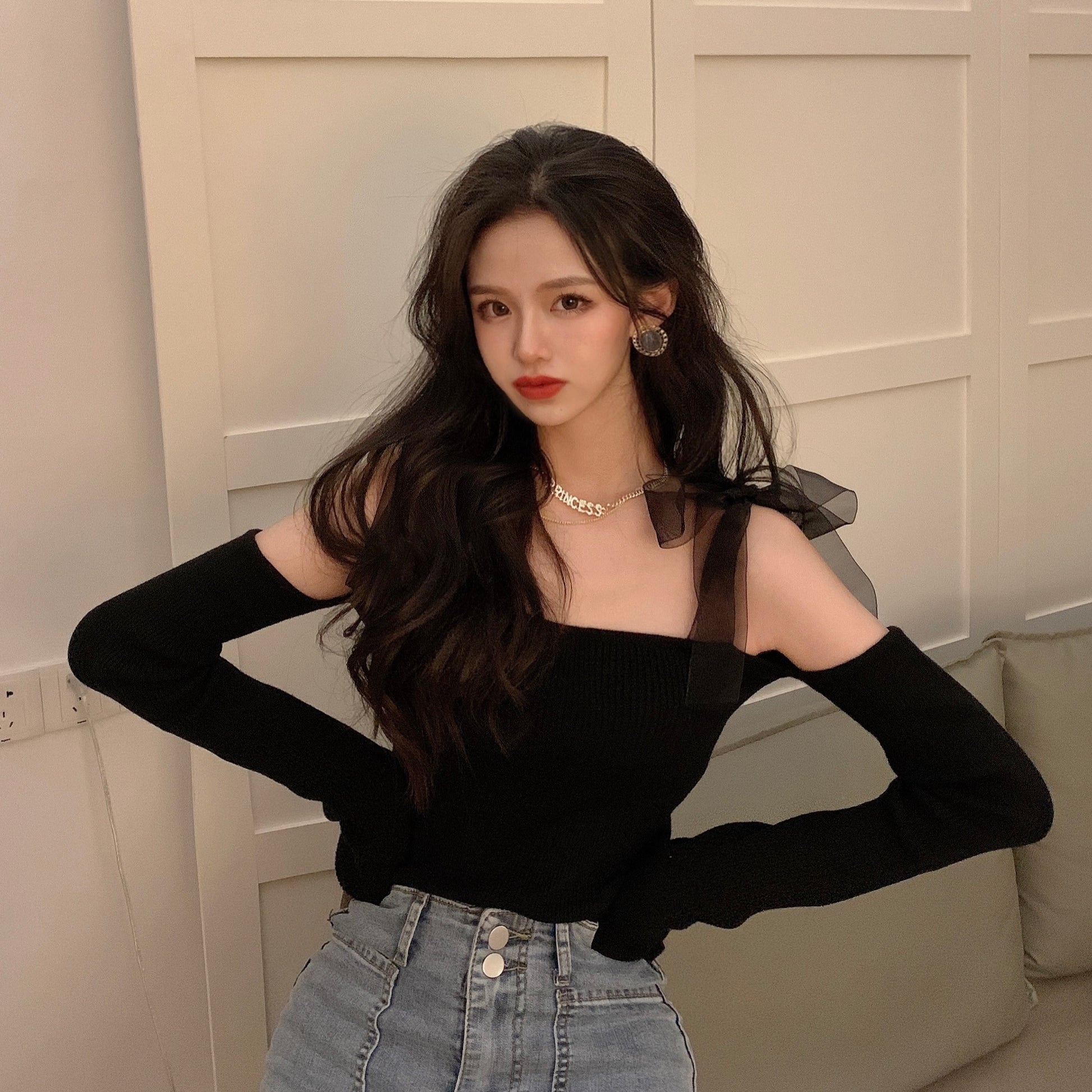 Black Bow Off Shoulder Mesh Sweater