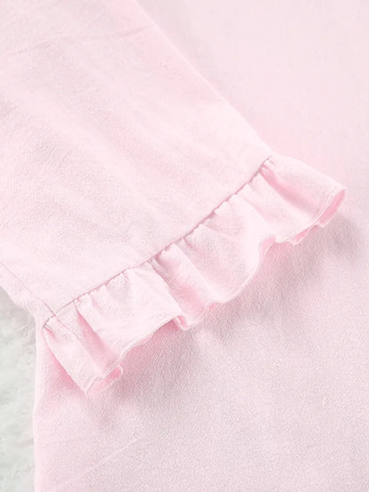 2PCS Pink Ruffle Long Sleeve Shirt + Shorts Pajama Set