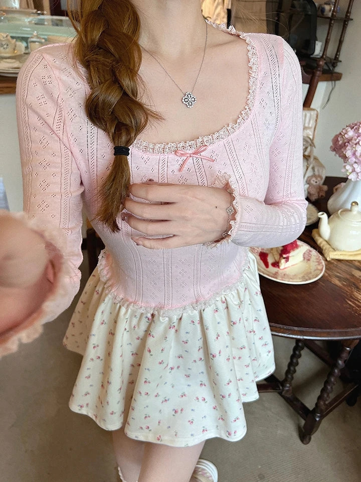 Pink Bow Lace Trim Long Sleeve Shirt