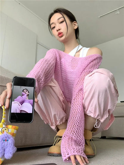 Pink Hollow Out Knit Cropped Sweater