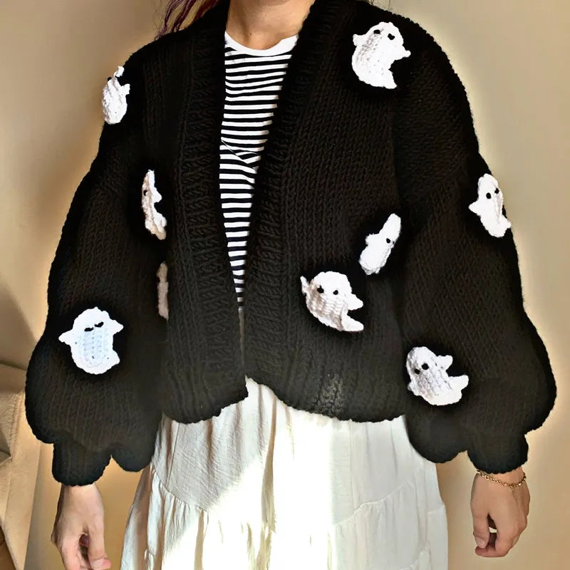 3D Black Ghost Crochet Sweater