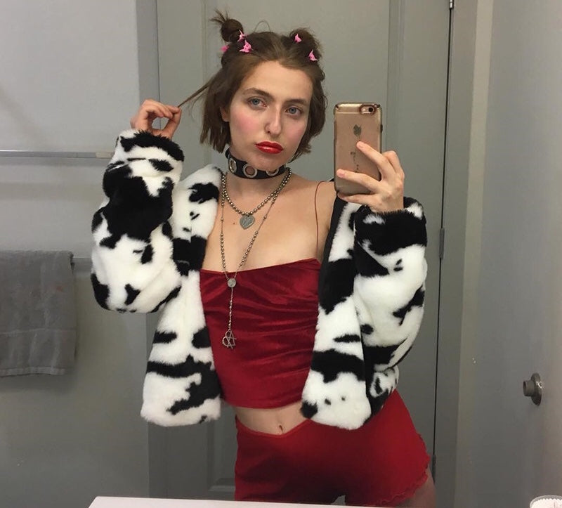 Cute Cow Animal Print Faux Fur Coat Jacket Zipper Sweater Jumper Casual E-Girl Kawaii Korean Japanese Harajuku Chinese Retro Streetwear Aesthetic