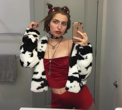 Cute Cow Animal Print Faux Fur Coat Jacket Zipper Sweater Jumper Casual E-Girl Kawaii Korean Japanese Harajuku Chinese Retro Streetwear Aesthetic