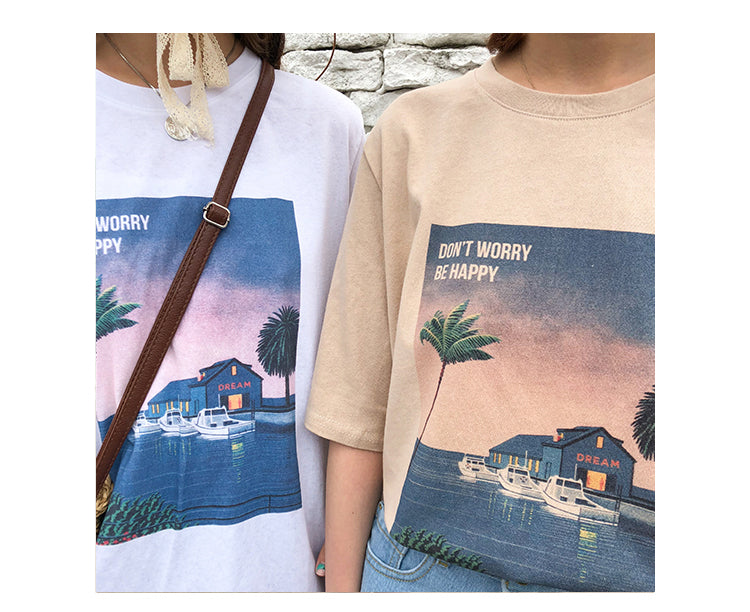 Cute Vintage Pastel Summer Beach Art Print Short Sleeve Tee Shirt T-shirt Top Oversized Loose Causal E-Girl Kawaii Korean Japanese Harajuku Streetwear