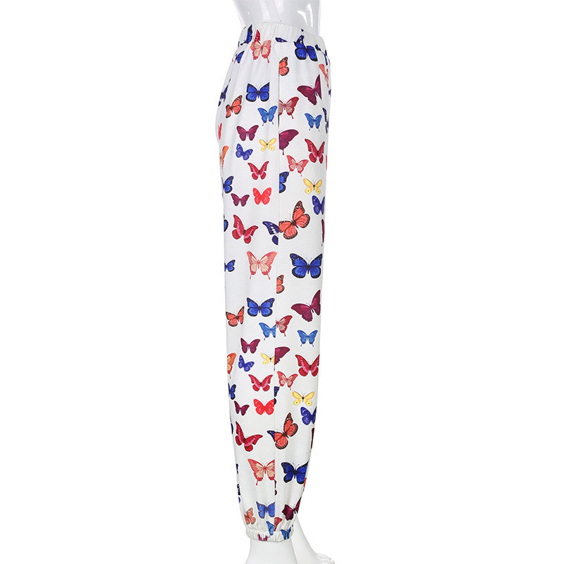Cute Butterfly Rainbow Print Loose Baggy High Waisted Trousers Joggers Pants Sweats Bottom E-Girl Kawaii Korean Japanese Harajuku Retro Streetwear