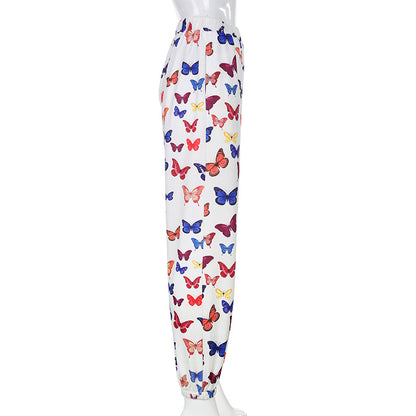 Cute Butterfly Rainbow Print Loose Baggy High Waisted Trousers Joggers Pants Sweats Bottom E-Girl Kawaii Korean Japanese Harajuku Retro Streetwear