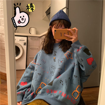 Cute Pastel Print Oversized Sweater Hoodie Pullover Korean Japanese Harajuku Chinese Retro Streetwear Aesthetic Fashion