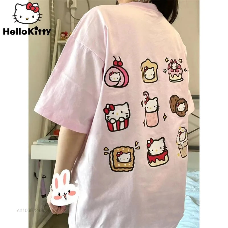 Cat Anime Dessert Print Short Sleeve T-shirt