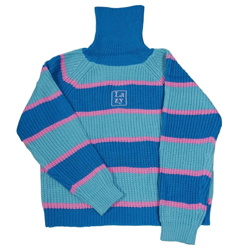 Blue Patchwork Turtleneck Sweater