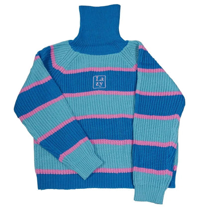 Blue Patchwork Turtleneck Sweater