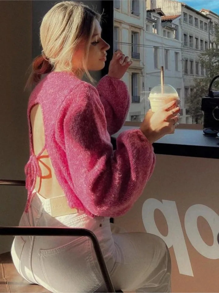Pink Knit Backless Lace Up Sweater