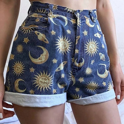 Cute Sun Moon Star Planet Pattern Loose Denim Shorts Bottom E-Girl Kawaii Korean Japanese Harajuku Chinese Retro Streetwear Aesthetic