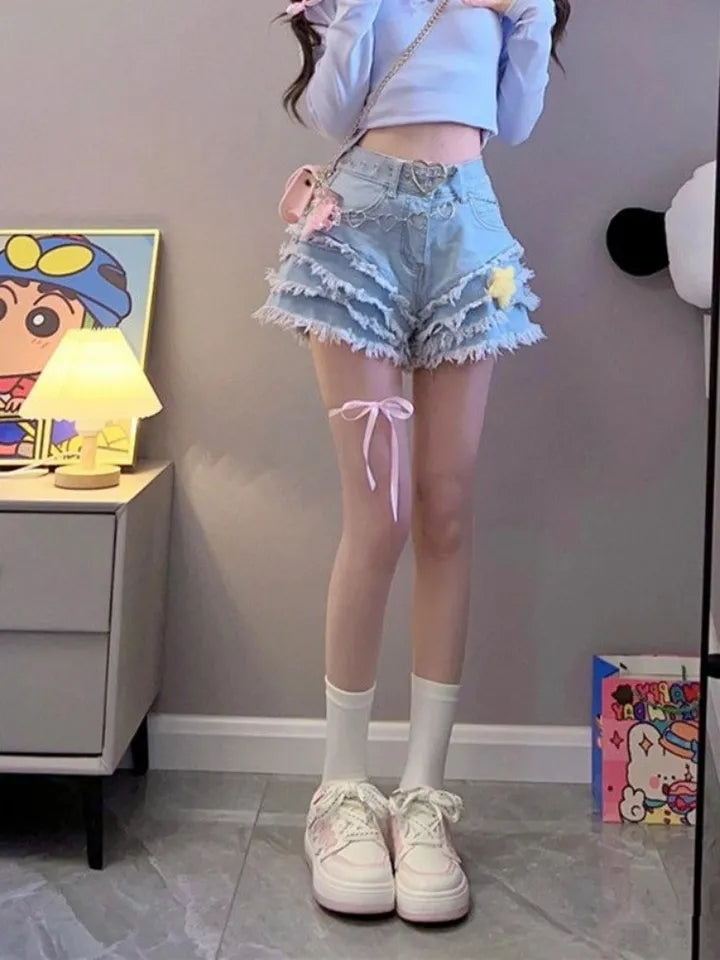 Blue Denim Ruffle Star High Waist Shorts