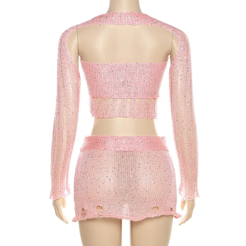2PCS Pink Sequin See Through Hollow Out Top + Skirt Set