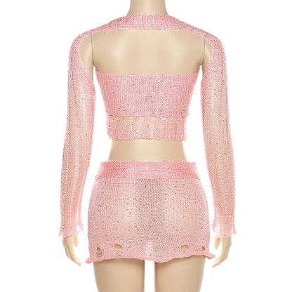 2PCS Pink Sequin See Through Hollow Out Top + Skirt Set